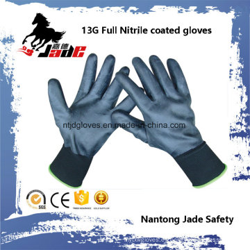 13G Nitrile negro completo guante recubierto liso